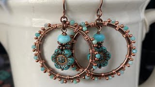 Wire wrap Czech glass flowers, stone and seed bead hoop earrings