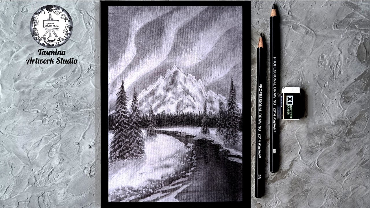 Northern Lights || Pencil Drawing(for beginners)|| Landscape drawing ...
