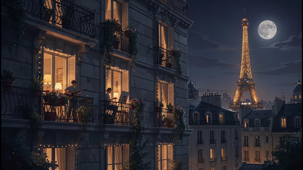 Rainy Paris Evening | Full Moon, Jazz & Warm Apartment Lights