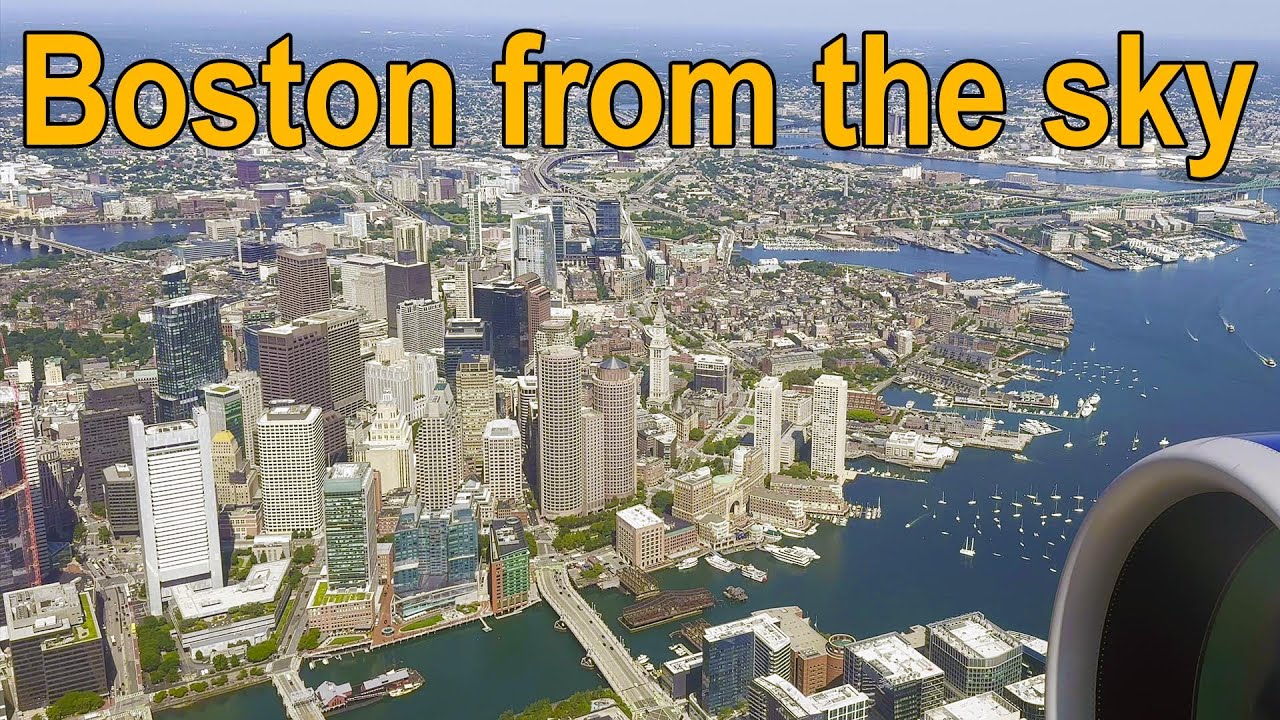 GORGEOUS view of Boston skyline, Boston Harbor from departing plane [4K]