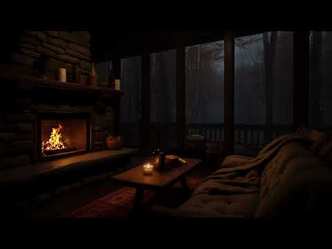 Heavy Rain On A Cabin Porch By The Lake | Cozy Fireplace Sounds For Relaxation