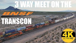Three Way Train Meet on the BNSF Transcon! - 4K HD Drone Footage