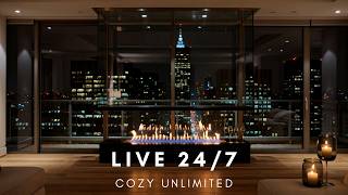 🏙️ Manhattan Penthouse LIVE 24/7 | Modern Fireplace &amp; City Rain | Sleep &amp; Focus | HD
