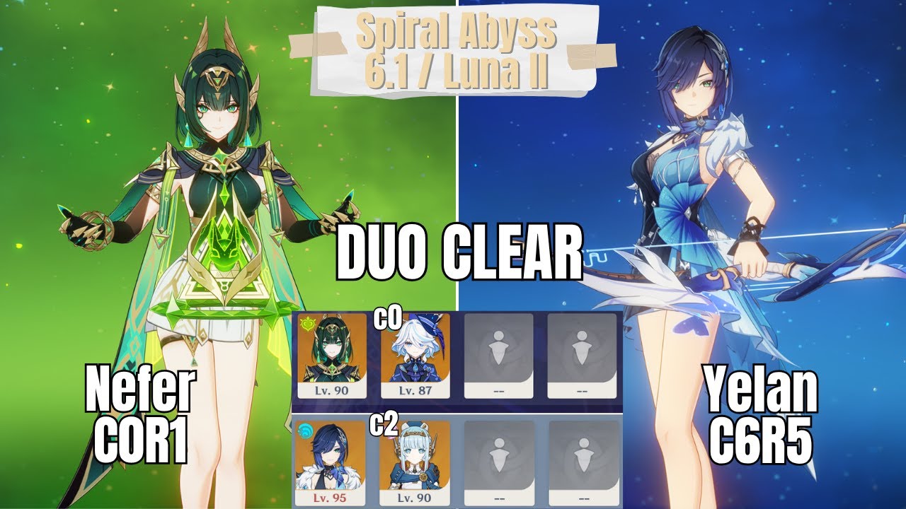 C0R1 Nefer (Furina C0) & C6R5 Yelan Duo Spiral Abyss Luna II/6.1