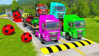 Double Flatbed Trailer Truck vs Speedbumps Train vs Cars | Tractor vs Train Beamng.Drive 050