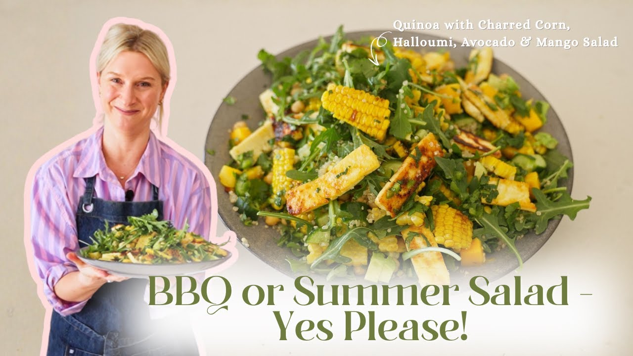 Салат «Барбекю» или летний салат | Киноа с обжаренной кукурузой, халуми, авокадо и манго