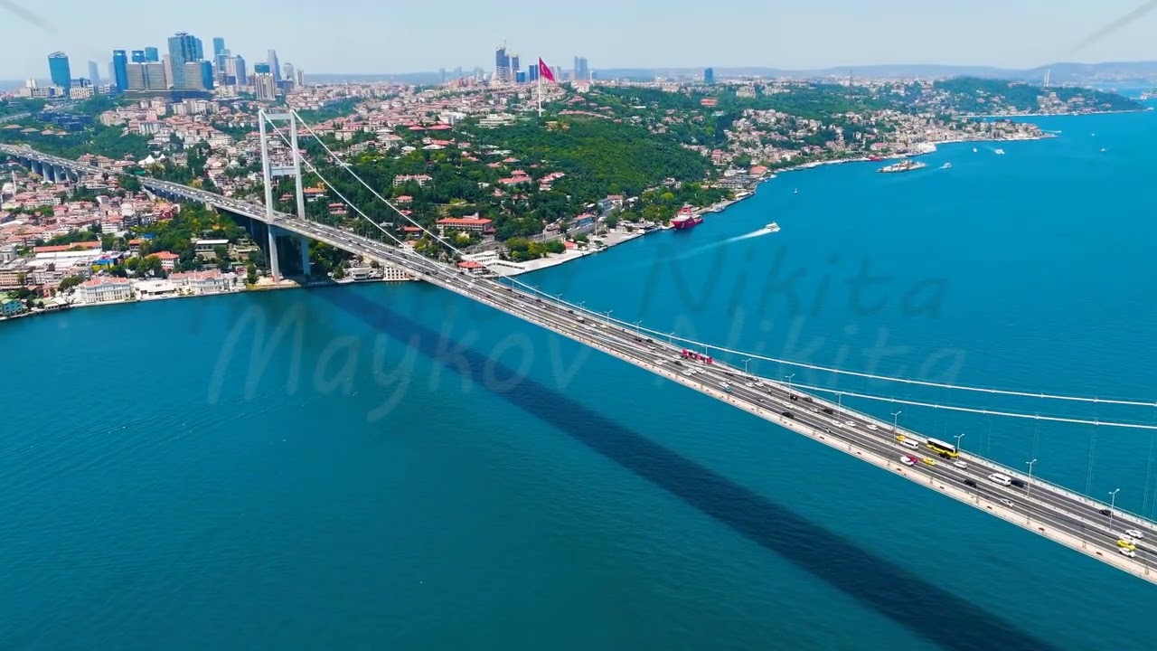 Istanbul, Turkey. Aerial top down view of 15 July Martyrs Bridge with copy space for text or desi...