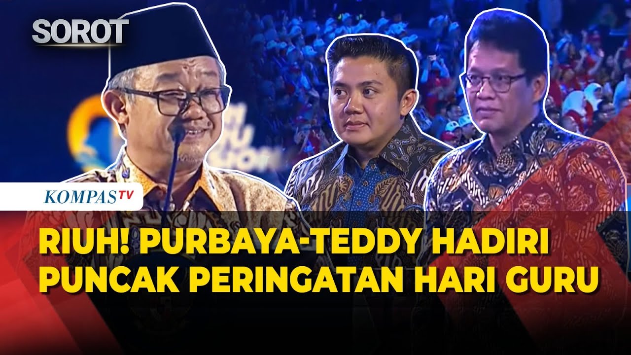 Riuh! Menkeu Purbaya–Seskab Teddy saat Disapa Mendikdasmen Hadiri Peringatan Hari Guru Nasional