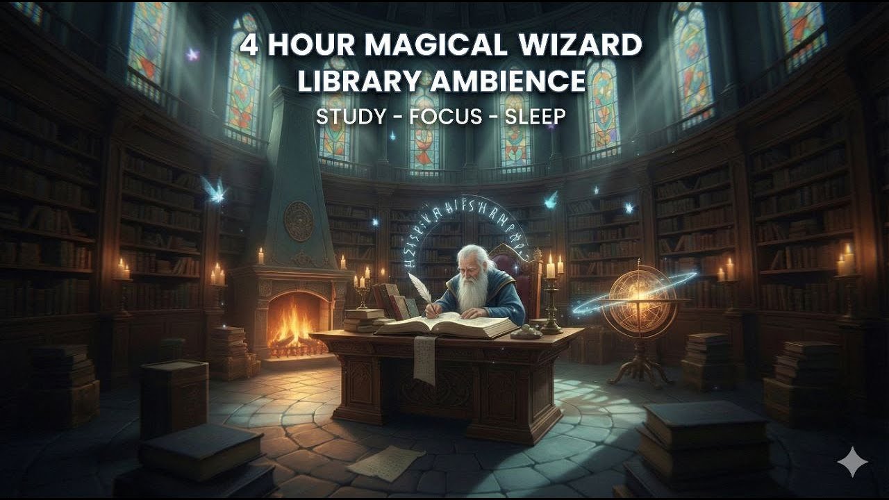 4 HOUR WIZARD LIBRARY AMBIENCE | Rain & Thunder Sounds | Magic Study ...