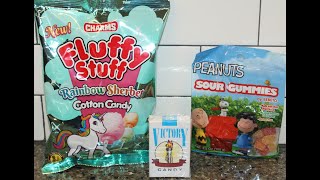 Charms Rainbow Sherbet Cotton Candy, Victory Candy (Cigarettes), Bebeto Peanuts Sour Gummies