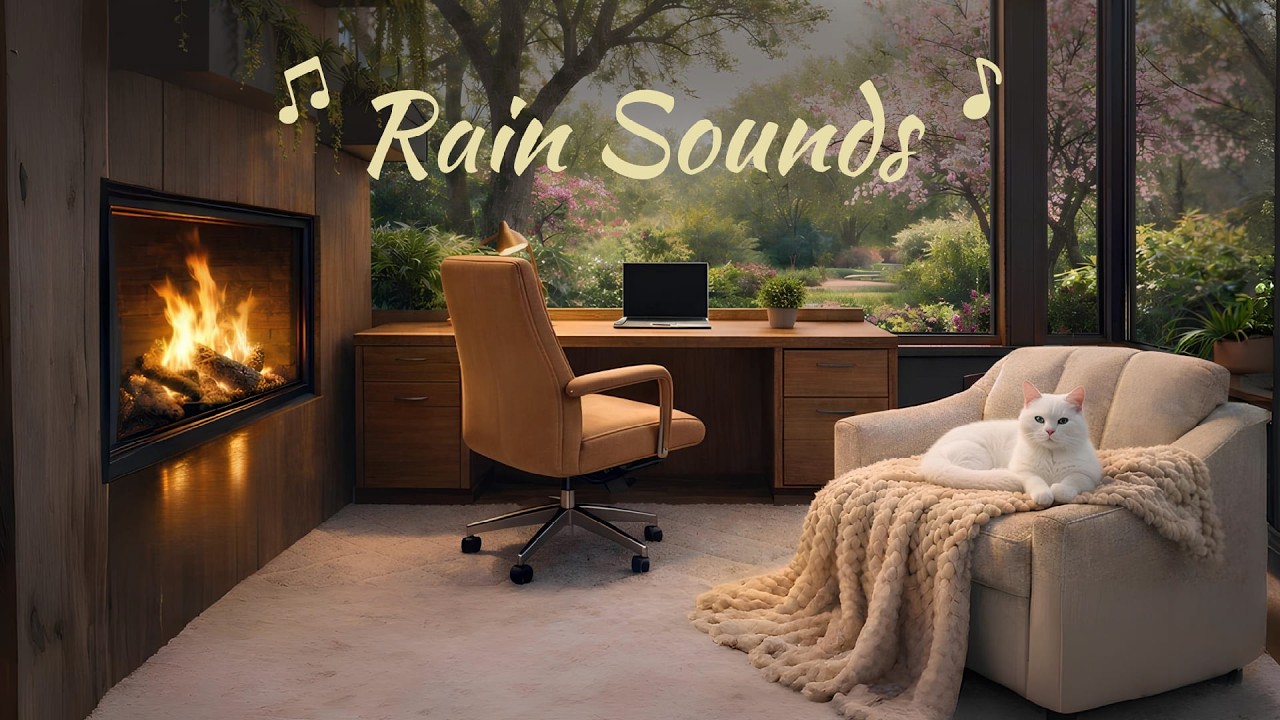 Warm Fireplace Lofi Jazz 🔥 Rain Sounds & Birds Singing  Relaxing Background Music for Study, Work