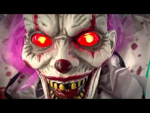 Halloween decoratie geboeide clown licht+geluid 110 cm video