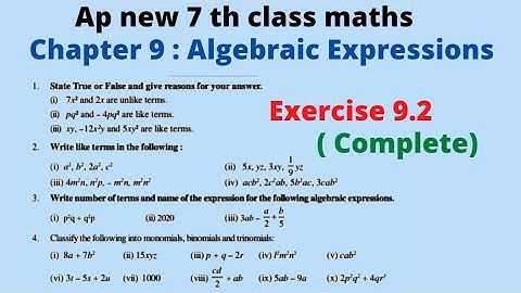 Algebraic Expressions Class 7 Exercise 9.2 | Algebraic Expressions| algebraic Expressions Ap new