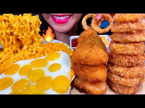 ASMR CHEESY CARBO FIRE NOODLES, FRIED FISH, ONION RINGS, EGGS MUKBANG MASSIVE Eating Sounds