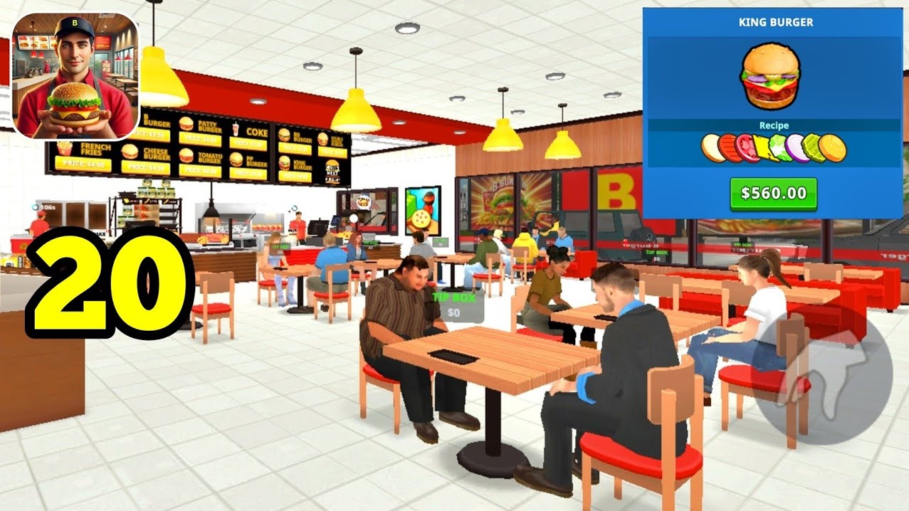 Burger🍔🍟Simulator. New Burger Recipe,Hire Staffs,New Tables,Orders Foods And Serve For Customers.