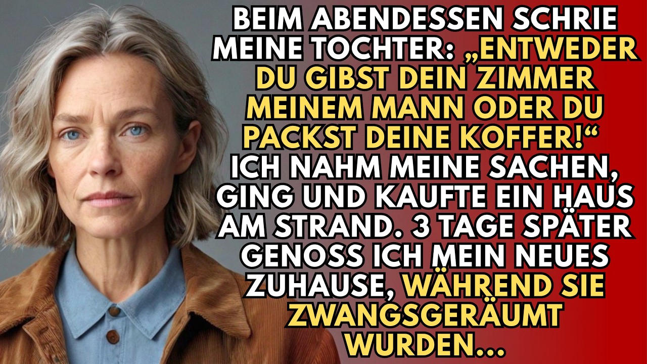 Ich saß am Esstisch, der noch warm vom Brathähnchen war, als meine Tochter die Gabel hinschleuderte und schrie: „Entweder du überlässt Tobias dein Zimmer, oder du packst deine Koffer.“ Ihr Mann...
