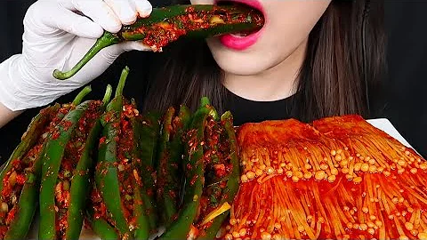 ASMR SPICY ENOKI MUSHROOMS, CUCUMBER PEPPER KIMCHI 오이고추김치 먹방 咀嚼音 EATING SOUNDS MUKBANG @Ji-yoo-7
