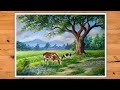 Poster Colour Painting | Scenery with cow grazing