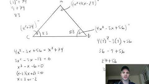 Given quadratic expressions for angles of an isosceles triangle, find their measures.