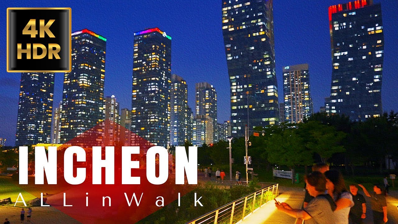 4K Incheon Evening Walk - Beautiful Night View of Songdo Central Park | Seoul Suburb Travel | 4K HDR
