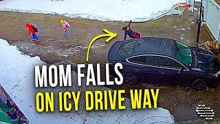 Mom Falls on Icy Drive Way as the Kids Heads to the Bus