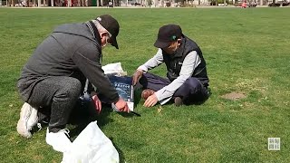 3.11 連帯の草刈り　岩手・大船渡市から購入した鎌を使い　福岡・天神中央公園