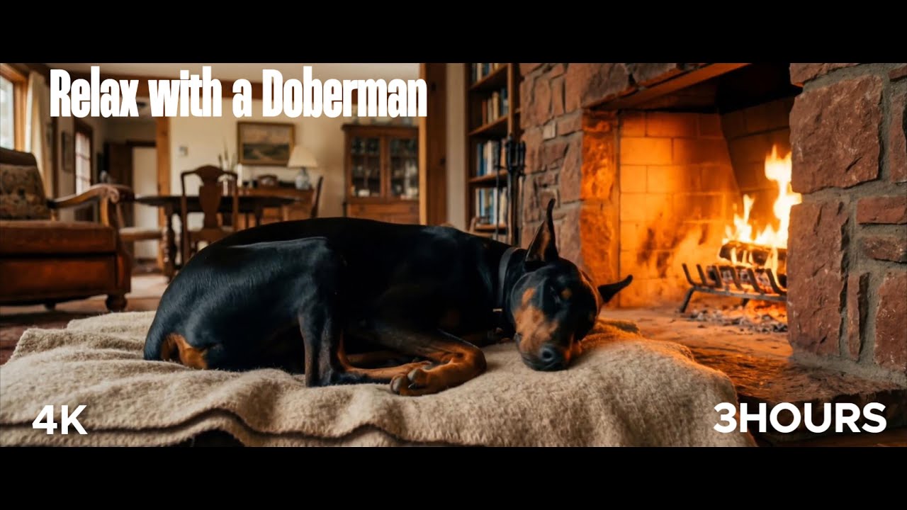 Sleeping Doberman 🐾 | Calm Fireplace Sounds 🔥 #doberman #dogs #fireplace #relaxing  (4K)