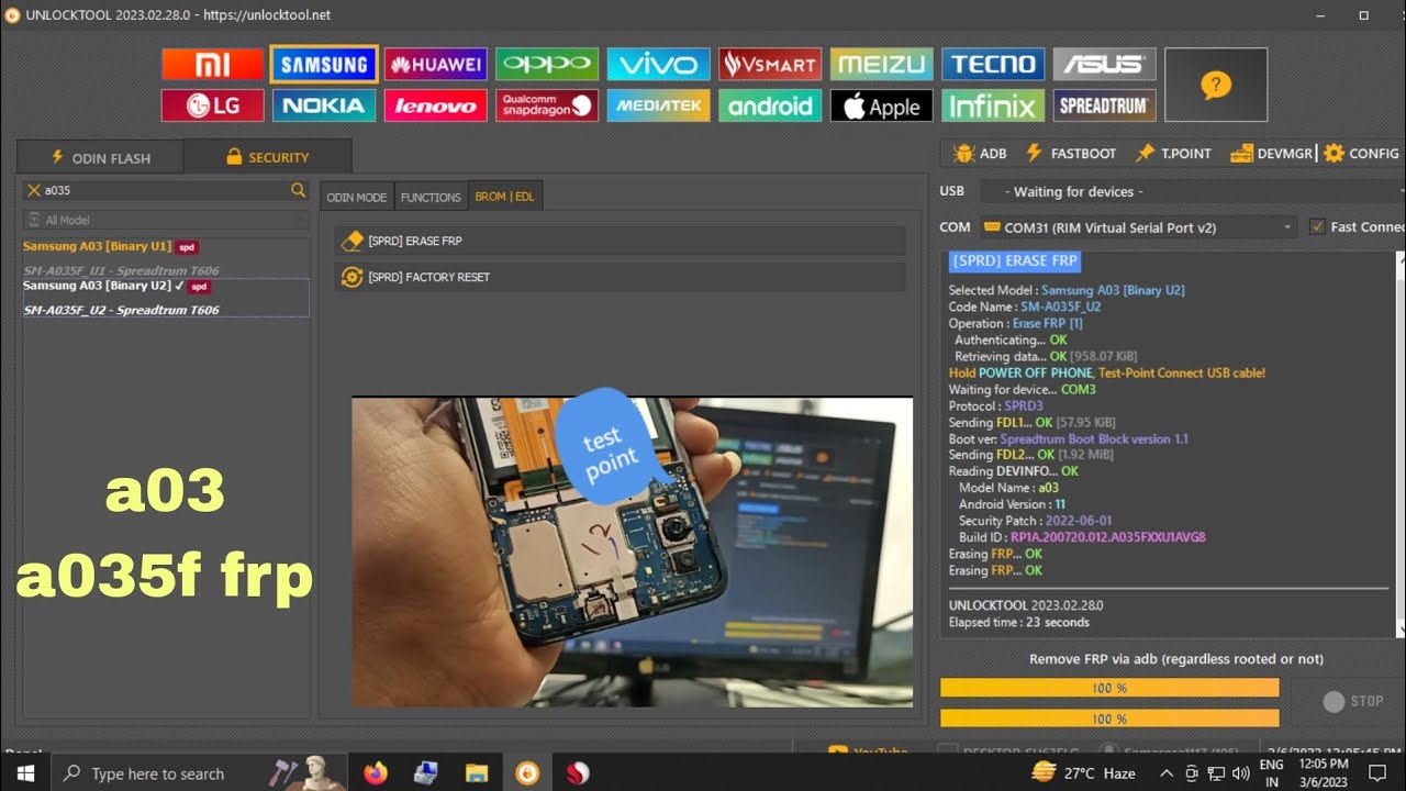 samsung a03 /a035f frp done with test point unlocktool unisoc t606 2023