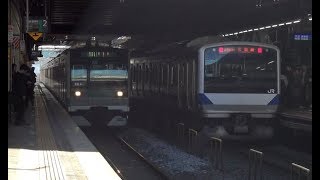 列車線ホームに常磐線E531系が停車する柏駅に到着してくる常磐緩行線下りE233系2000番台