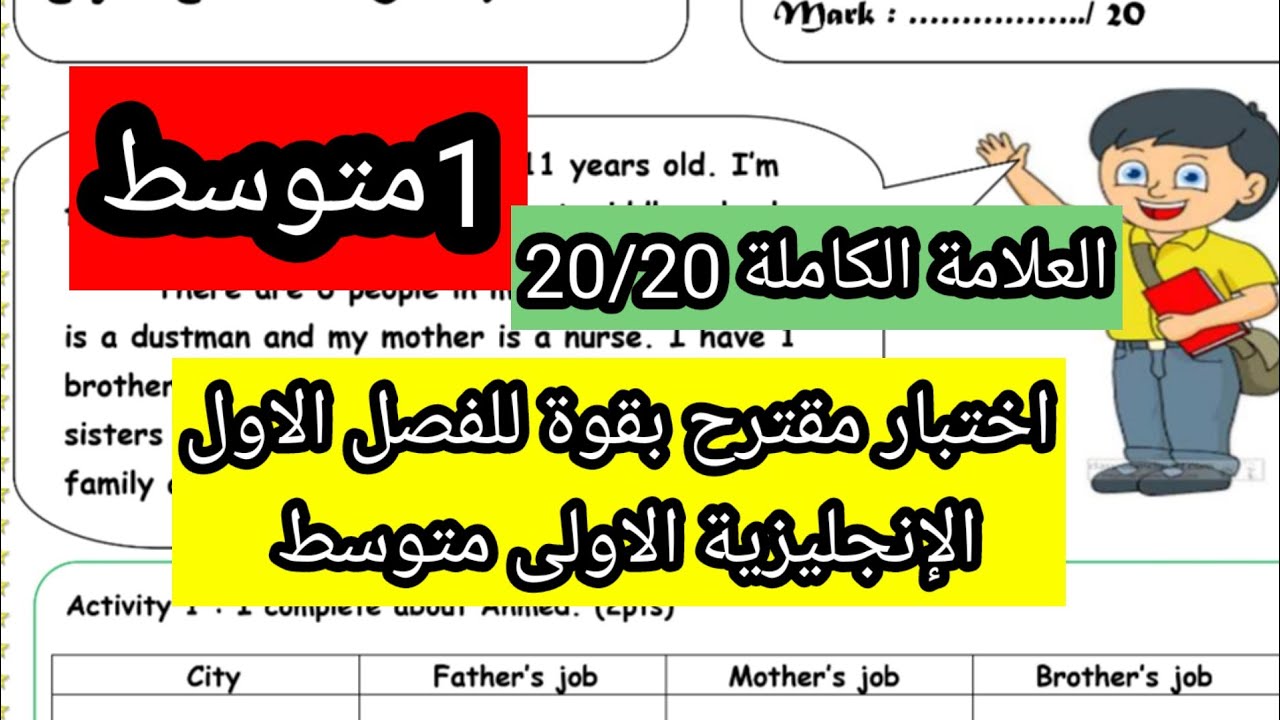 اختبار مقترح بقوة للفصل الاول الإنجليزية الاولى متوسط