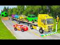 TRANSPORTING PIXAR CARS & FRUITS WITH COLORED & JOHN DEERE vs CLAAS vs TRACTORS - BeamNG.drive #983