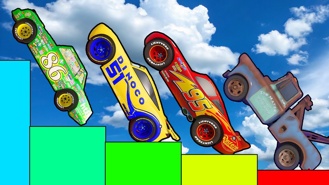 Pixar Cars Climb to Highest Level Obstacle McQueen The King Mater Truck Mack Miss Fritter & Friends