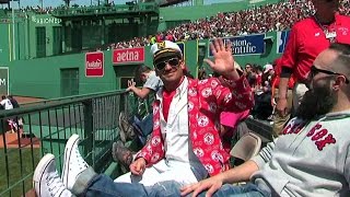 TOR@BOS: Sox fan says 'Hi Mom' in his wild red jacket