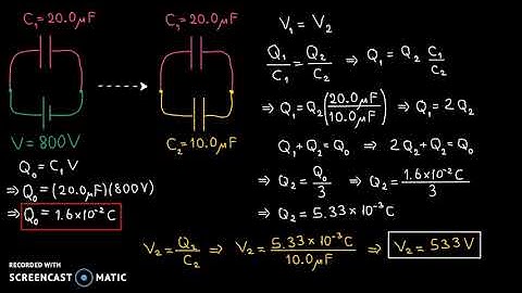 Charged capacitor disconnected from battery and connected to uncharged capacitor