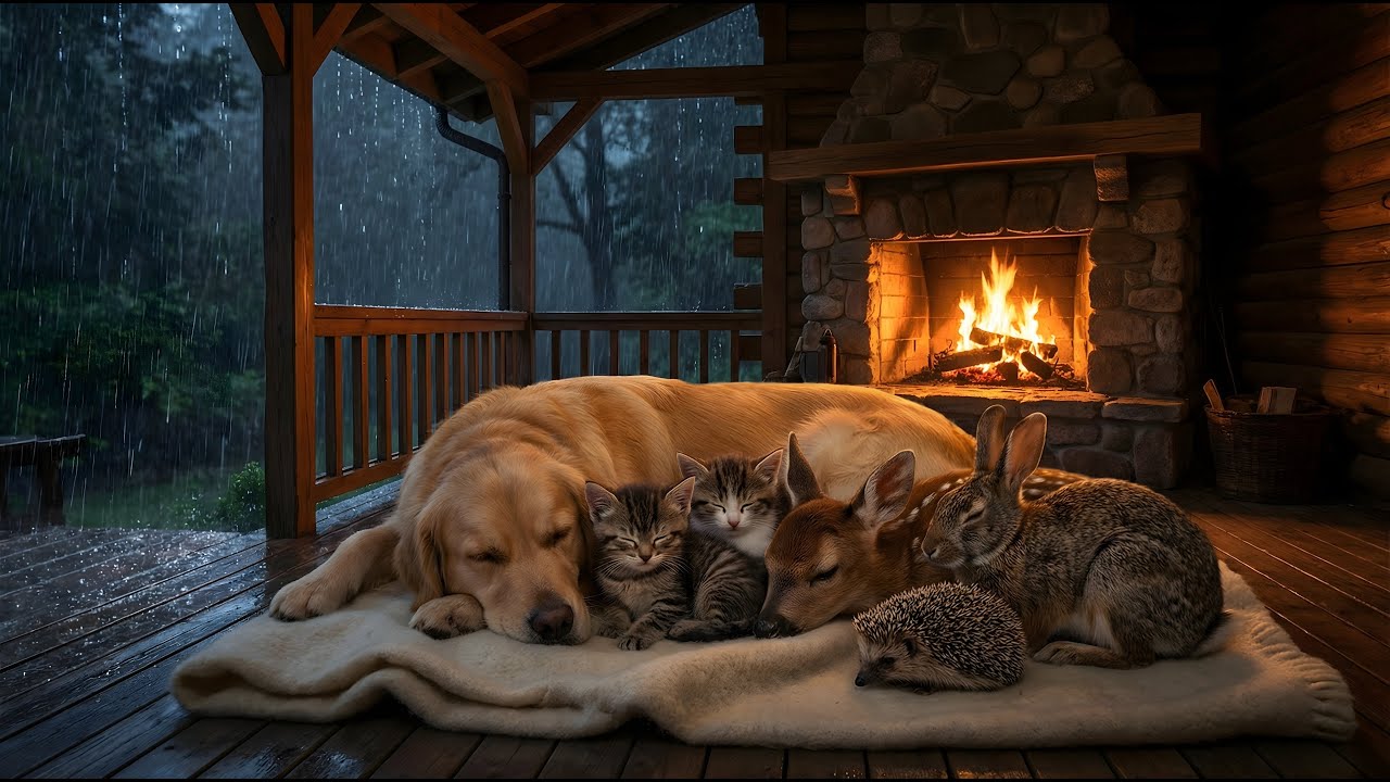 Cozy Fireplace & Slow Rain with Sleeping Pets 🔥🐾 Peaceful Night Ambience for Sleep