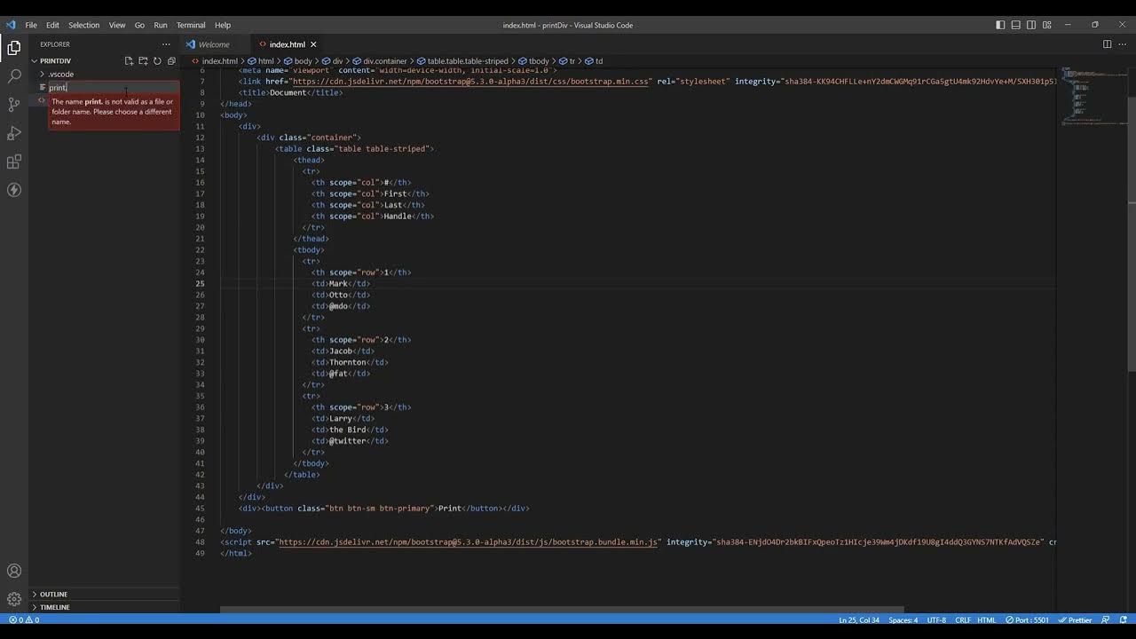 How to Print any div element content (Bootstrap) using JavaScript ...