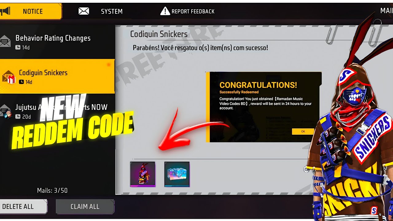 Free Fire X Snickers Reddem Code Free Fire | New Reddem Code Free fire 