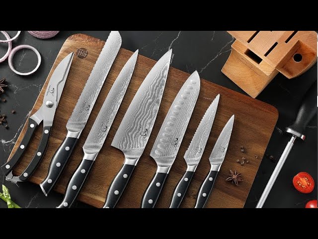 Astercook Knife Set, Damascus Kitchen Knife Set with Block, Built