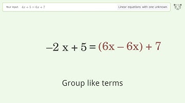 Linear equation with one unknown: Solve 4x+5=6x+7 step-by-step solution