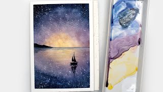 Watercolor GALAXY with stars EASY STEP BY STEP - seascape for beginners