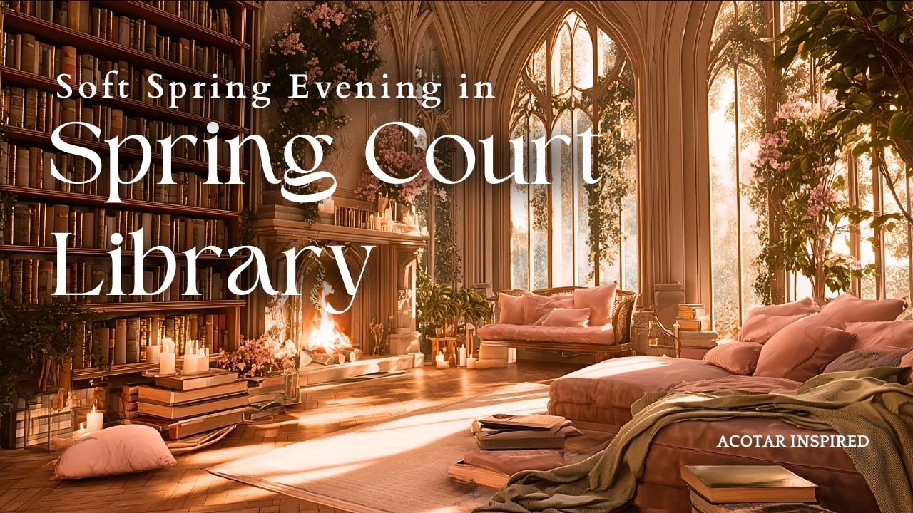 Spring Library Rain Escape to the Spring Court | Light Rain & Fireplace | Fantasy Library ...