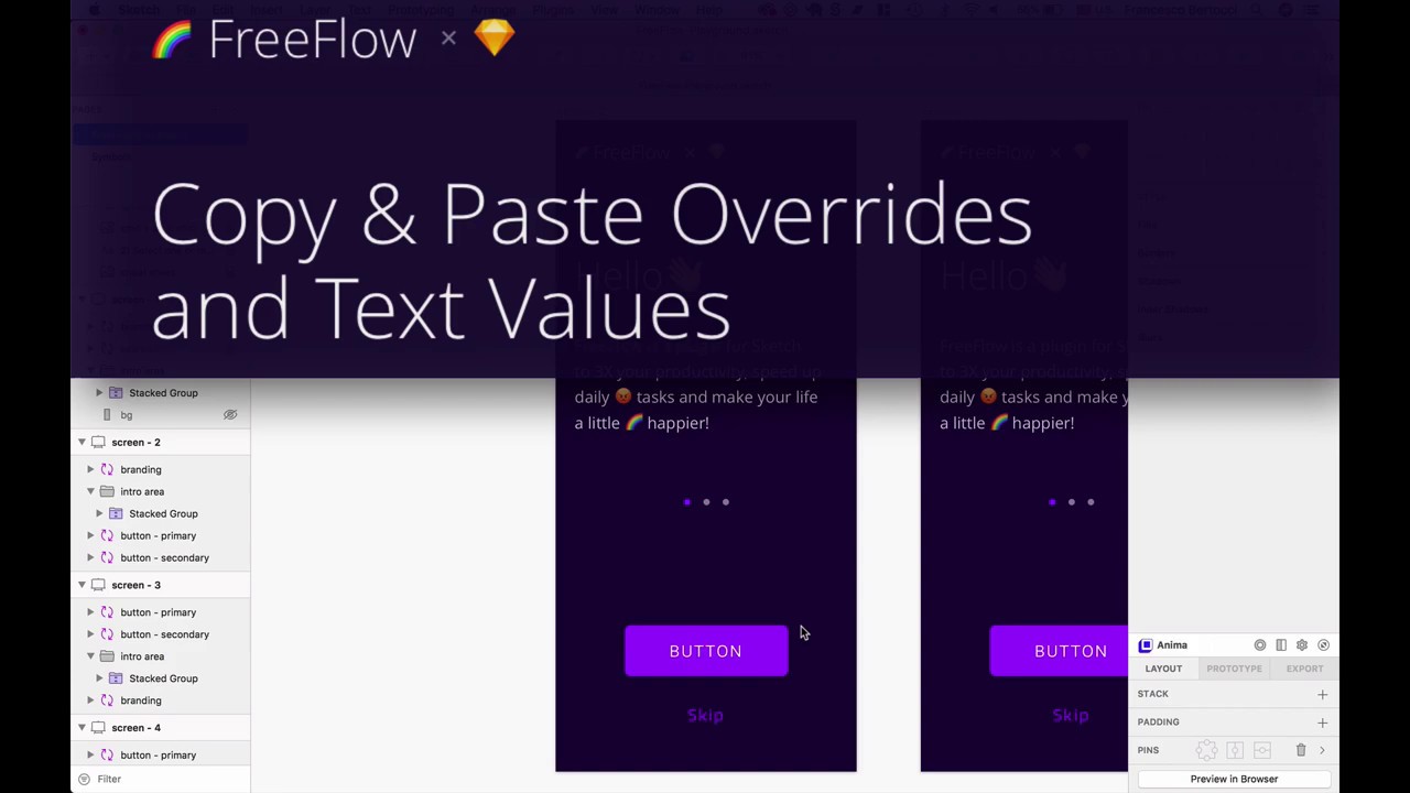 FreeFlow: Sketch plugin to copy and paste symbol overrides, text values, and a lot more!