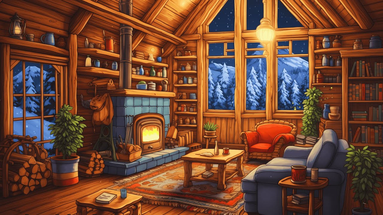 a cozy Snowy night 1940s and you're listening to vintage music on a room cottage