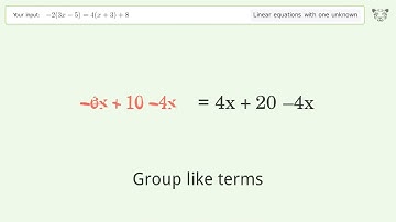 Linear equation with one unknown: Solve -2(3x-5)=4(x+3)+8 step-by-step solution