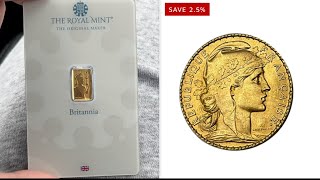 The lowest premium gold coin to stack - 20 French Franc Rooster (2.5% premium)