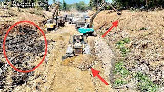 Amazing Project, Bulldozer SHANTUI Pushing Soil Filling Up Canal And Excavator, Dump Truck Working