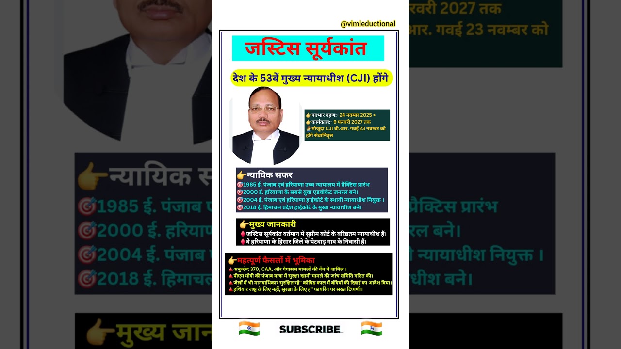 देश के 53वे Chief Justice of India❓️Surya Kant Judge of the Supreme Court of India|| @vimleductional