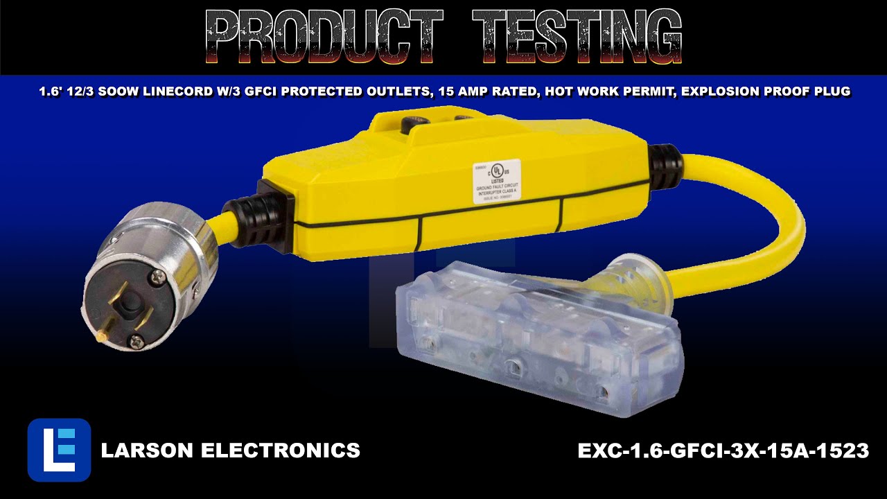 1.6' 12/3 SOOW Linecord w/3 GFCI Protected Outlets, 15 Amp Rated, Hot Work Permit, Explosion Proof