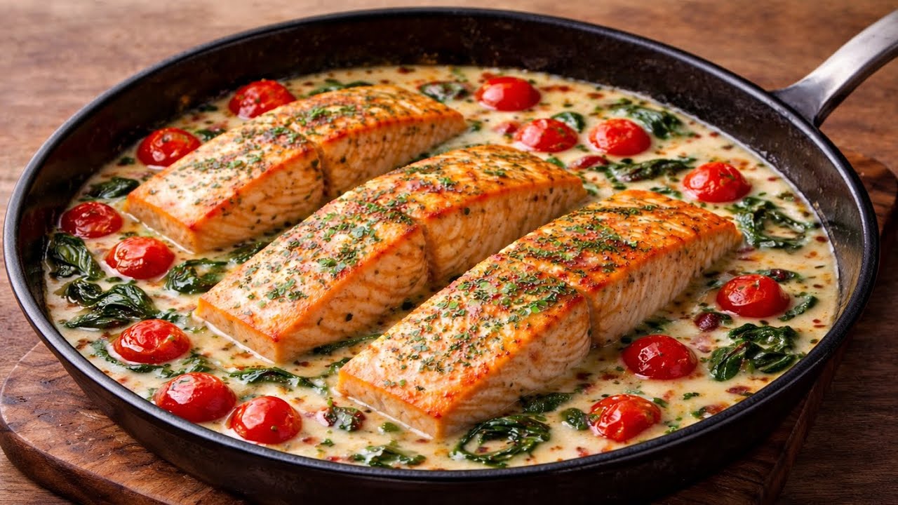 Restaurant taste at home in 15 minutes. Creamy Garlic Salmon with Spinach & Tomatoes!