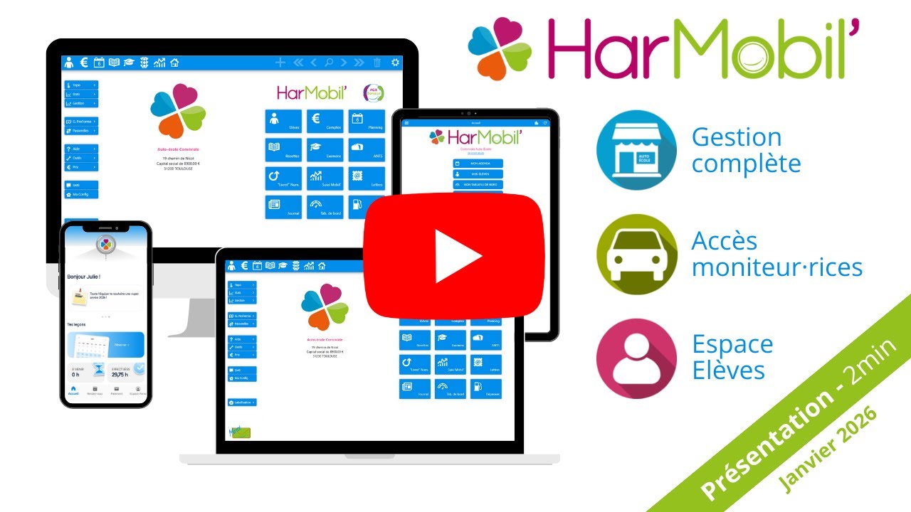 Logiciel de gestion auto-école HarMobil’ - Présentation rapide (Janvier 2026)